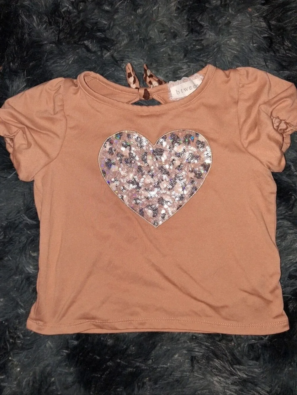 btween Tan Heart Sequin Top & Suede-Look Leggings Set